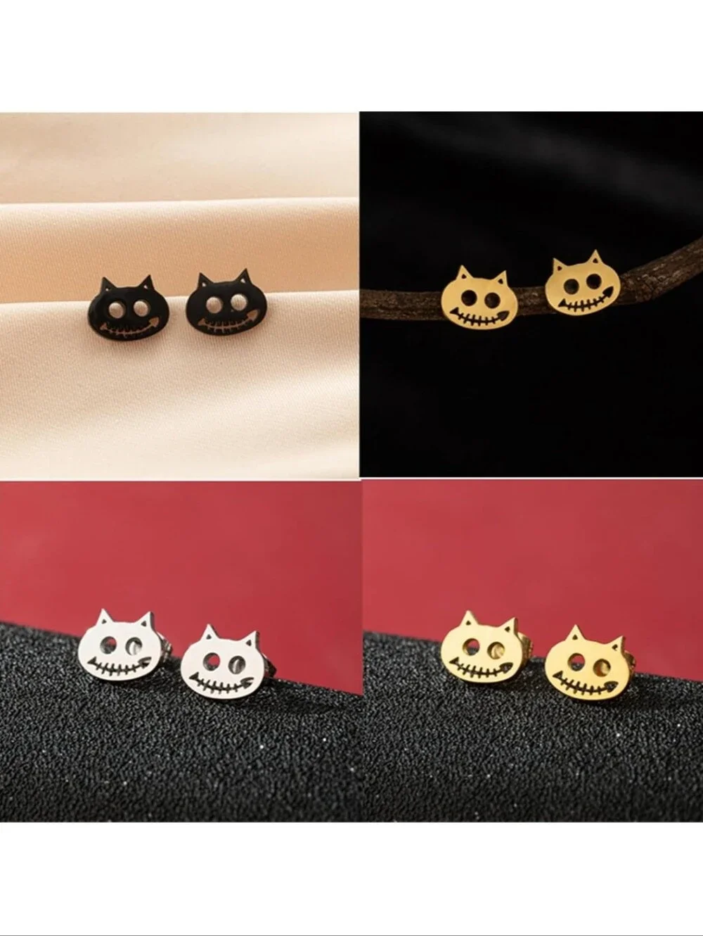 Kids Cat Face Stud Earrings - Black, Gold, Silver